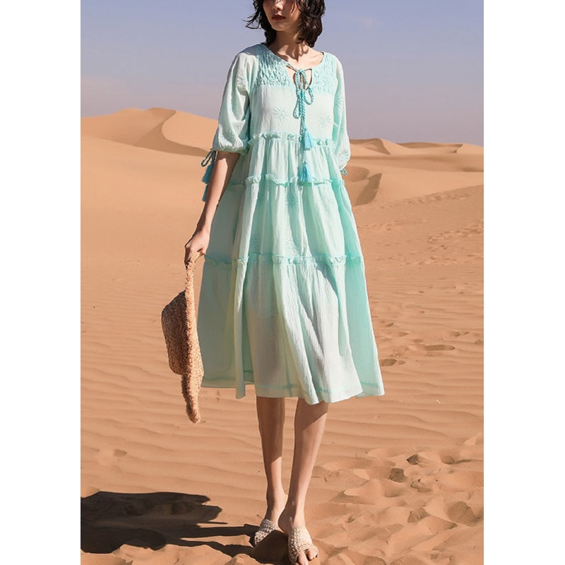 New Green Ruffled Lace Up Cotton Long Dresses Half Sleeve