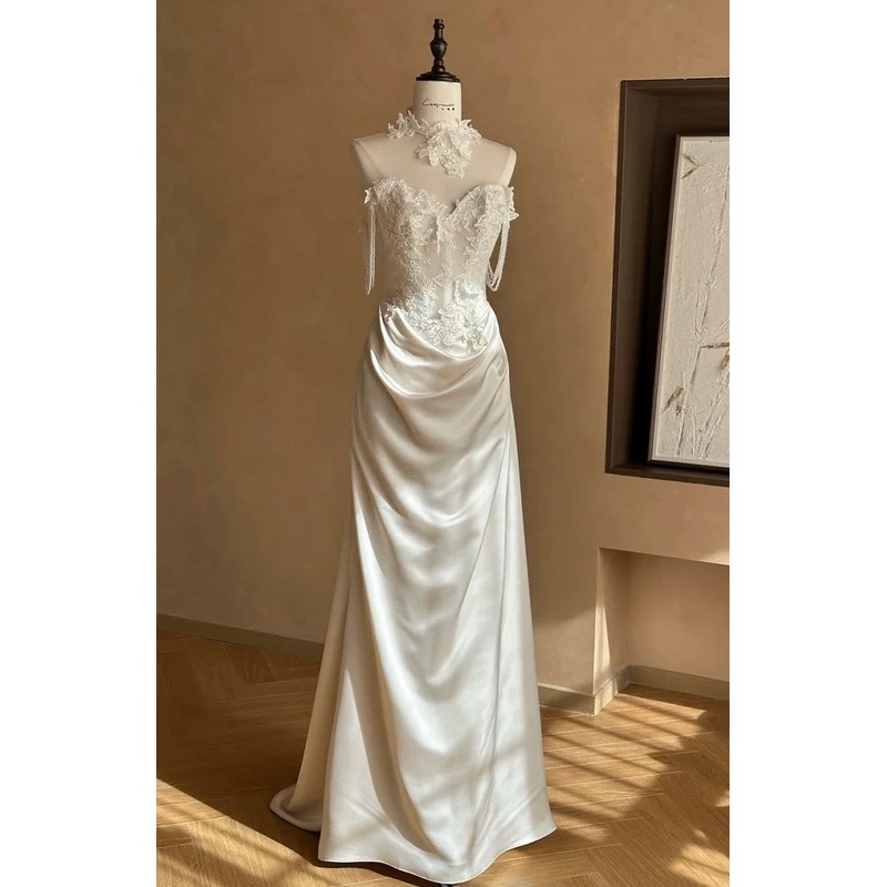 Off Shoulder White Wedding Dress Pearl Strap Bridal Dress J7733