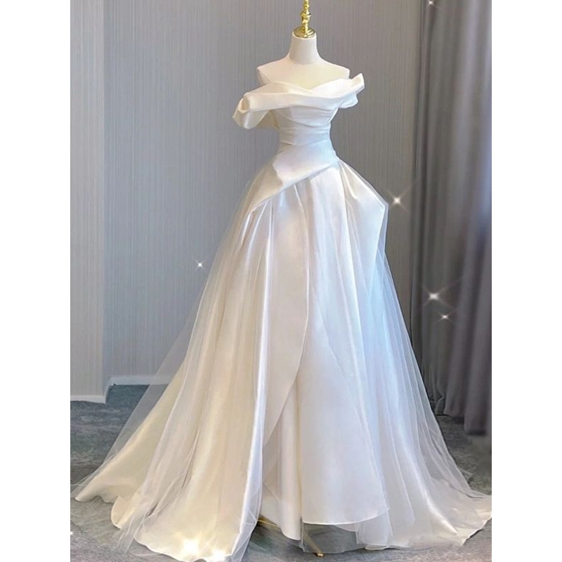 Off The Shoulder A Line White Wedding Dress Satin Wedding Gown  J5249