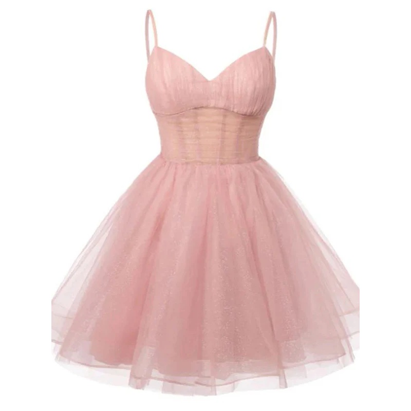 Pink A line Spaghetti Straps Mini Short Prom Homecoming Dresses J4200