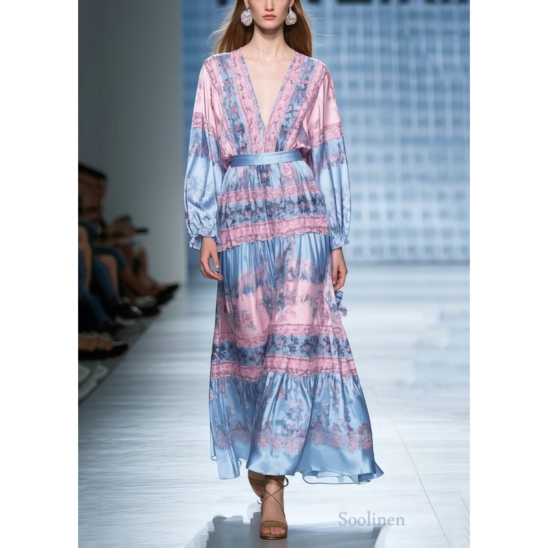 Plus Size Colorblock V Neck Print Silk Tunic Dresses Spring