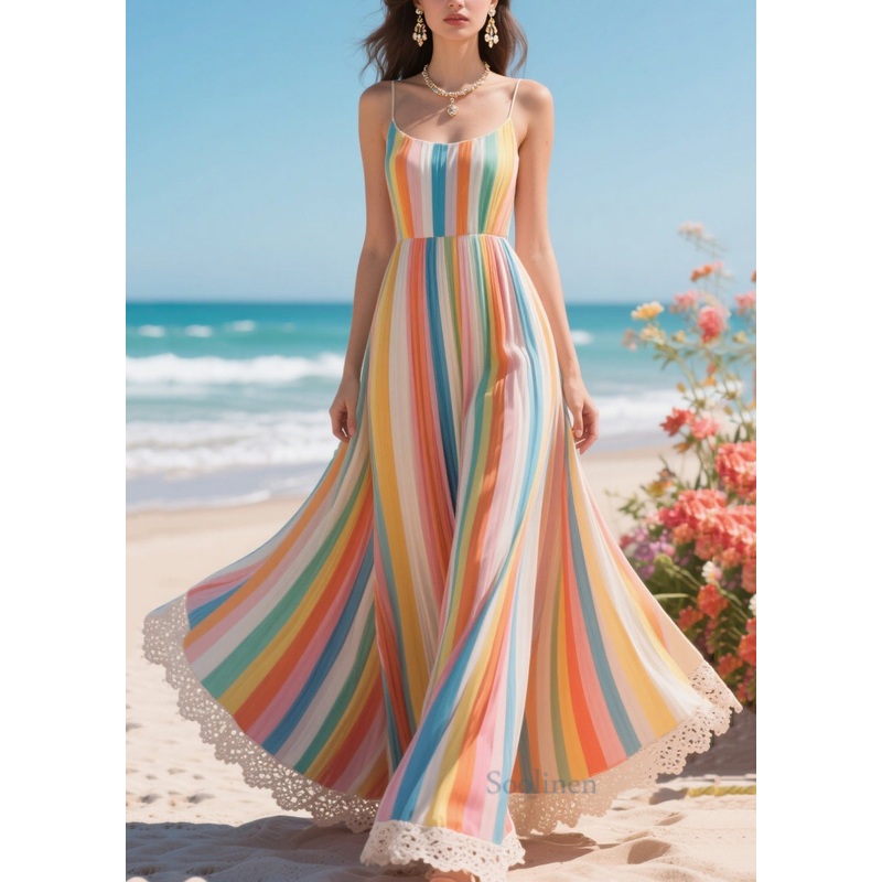 Rainbow Striped Patchwork Lace Chiffon Dresses Exra Large Hem Summer