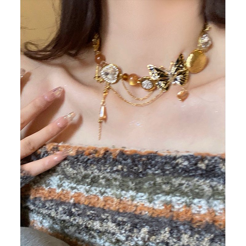 Retro Gold Copper Zircon Crystal Resin Pearl Pendant Necklace