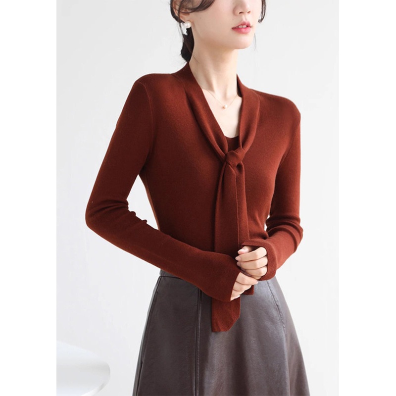 Sexy Red V Neck Tie Lace Solid Cotton Knit Sweater Spring