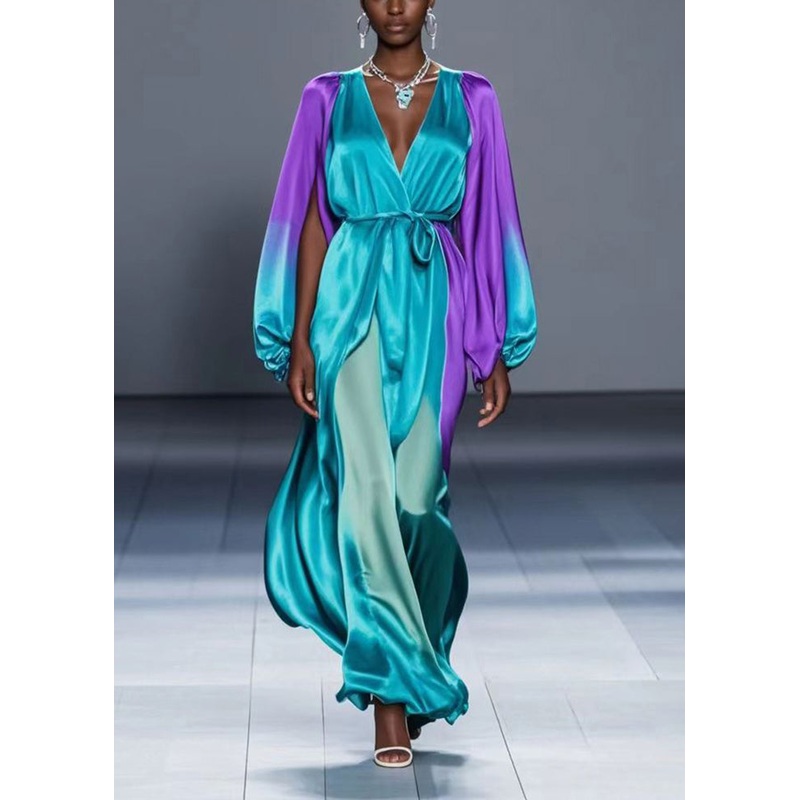 Silm Fit Gradient Color V Neck Draping Silk Dress Cloak Sleeves