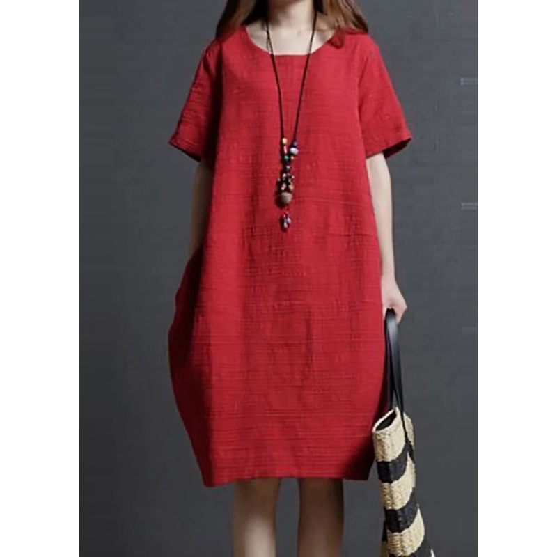 Simple Red Oversized Linen Mid Dress Summer