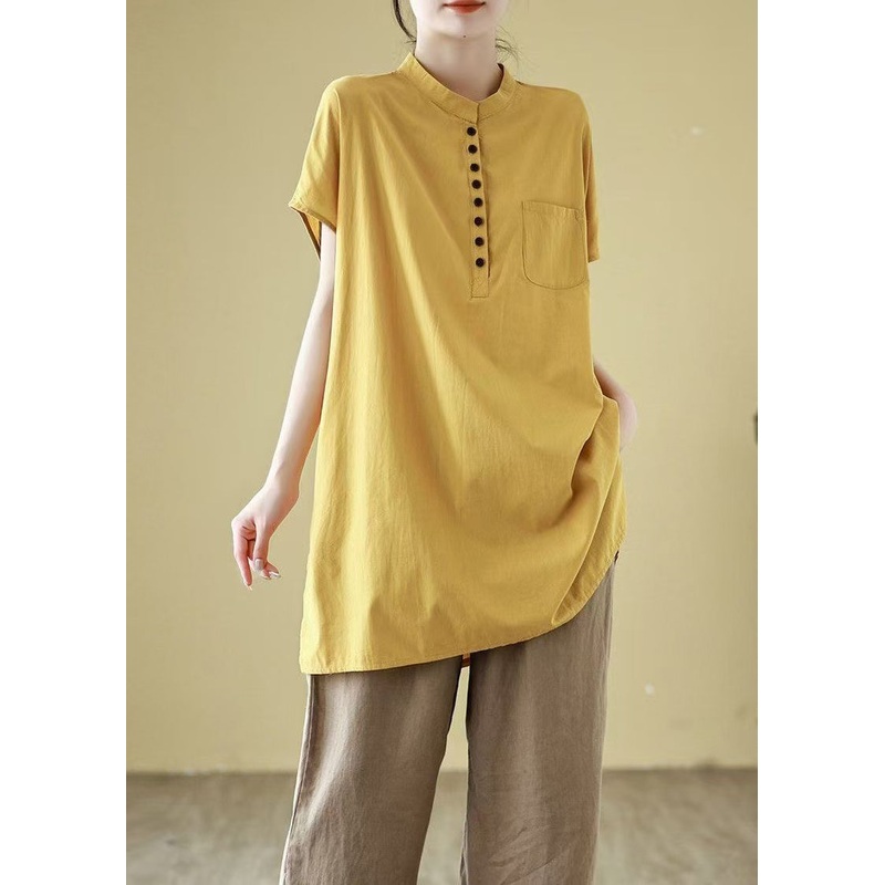 Simple Yellow Button Pockets Solid Cotton T Shirt Short Sleeve