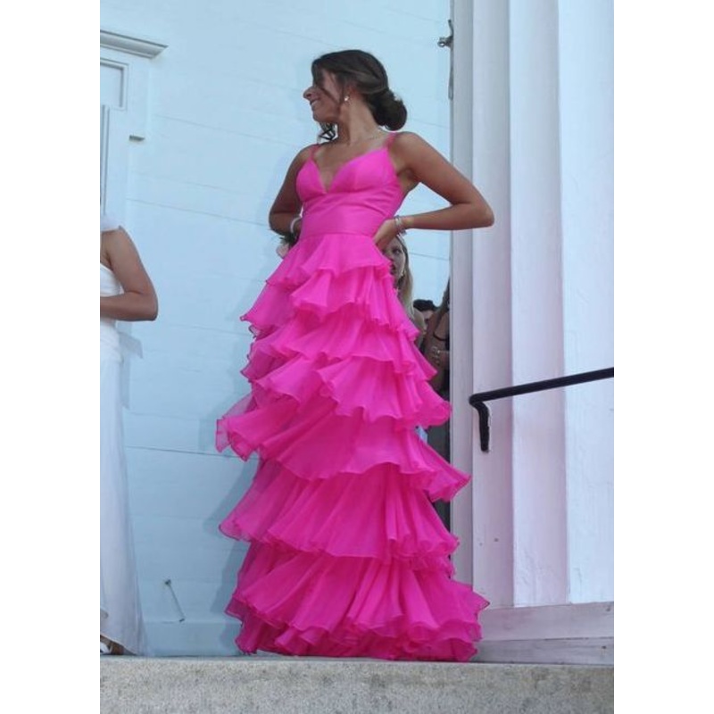 Spaghetti Straps Hot Pink A Line Layered Prom Dress Senior Prom Gown  2151