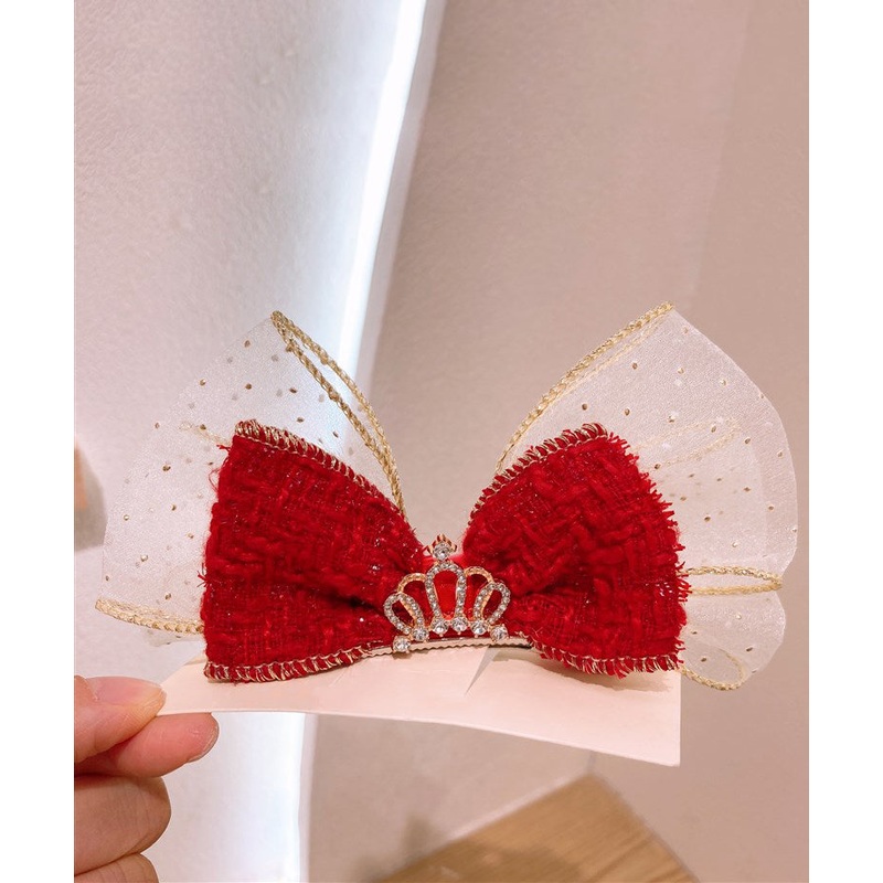 Stylish Red Alloy Tulle Fabric Zircon Bow Kids Hairpin
