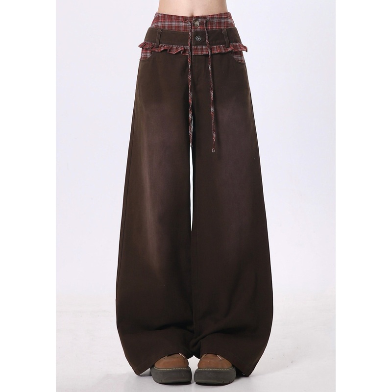 Unique Brown Ruffled Patchwork Cotton Pants Spring