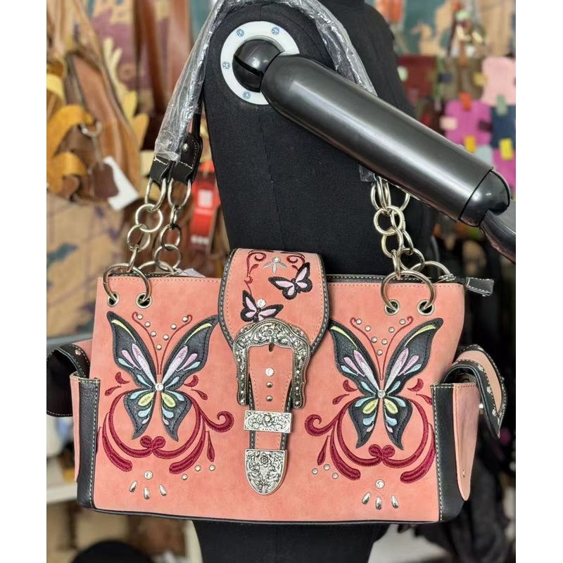 Vintage Brick Red Embroidered Butterfly Suede Shoulder Bags