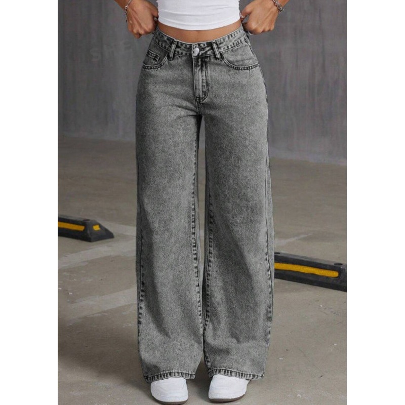 Vintage Grey Embroidered Pockets Denim Pants Summer