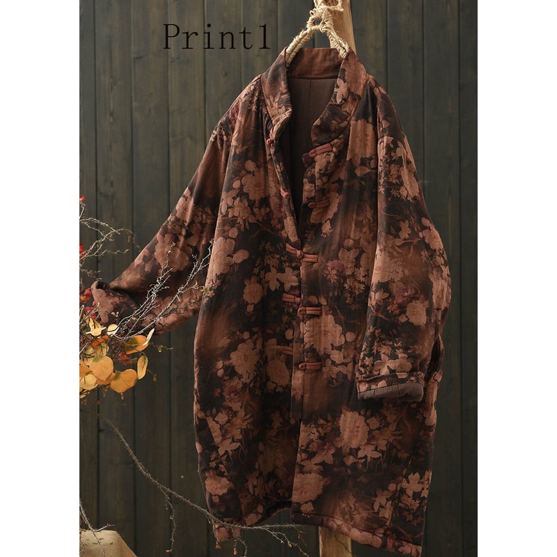 Vintage Stand Collar Print Oriental Button Fine Cotton Filled Coat Spring