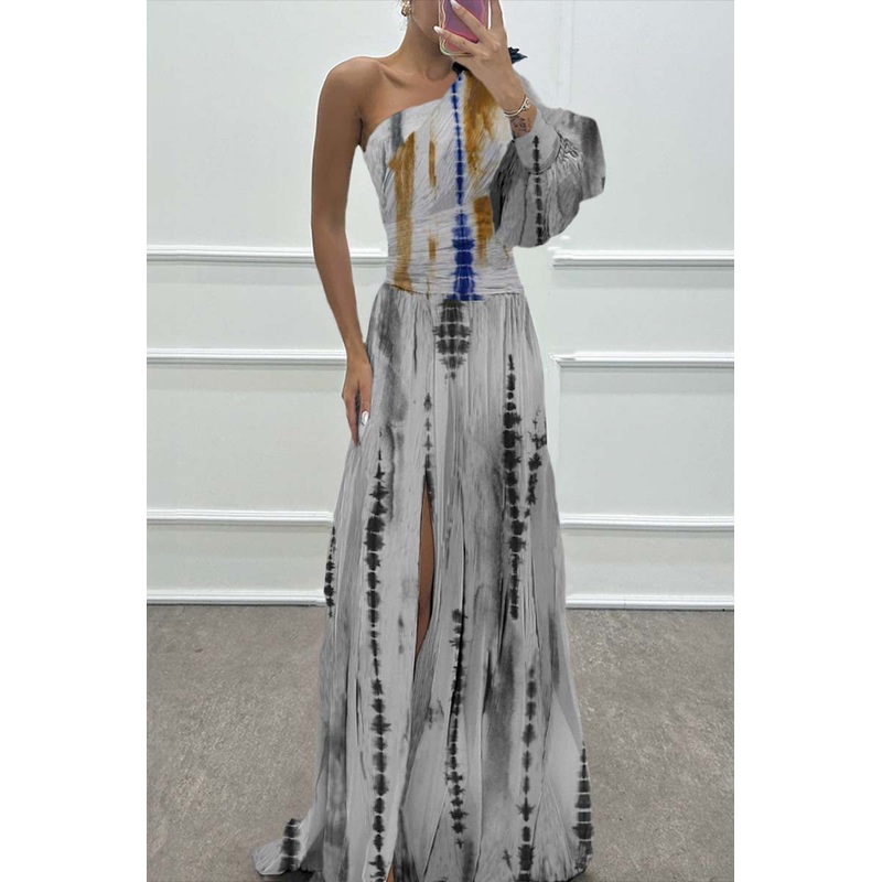 Wedding Prom Striped White tie dye Slit Irregular Sloping Shoulder Evening Dresses