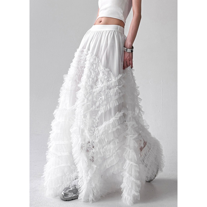 White Wrinkled Tulle A Line Skirts High Waist