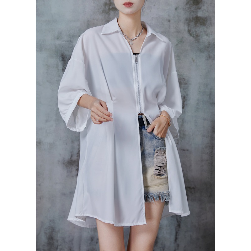 Women White Oversized Side Open Chiffon Blouses Summer