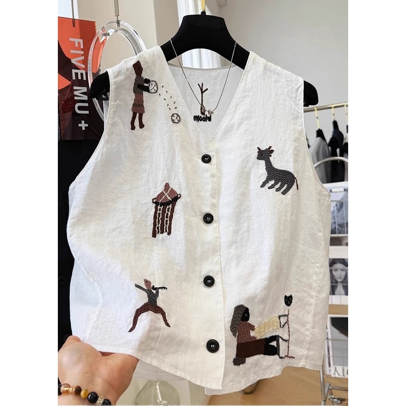 Women White V Neck Embroideried Cotton Vest Sleeveless