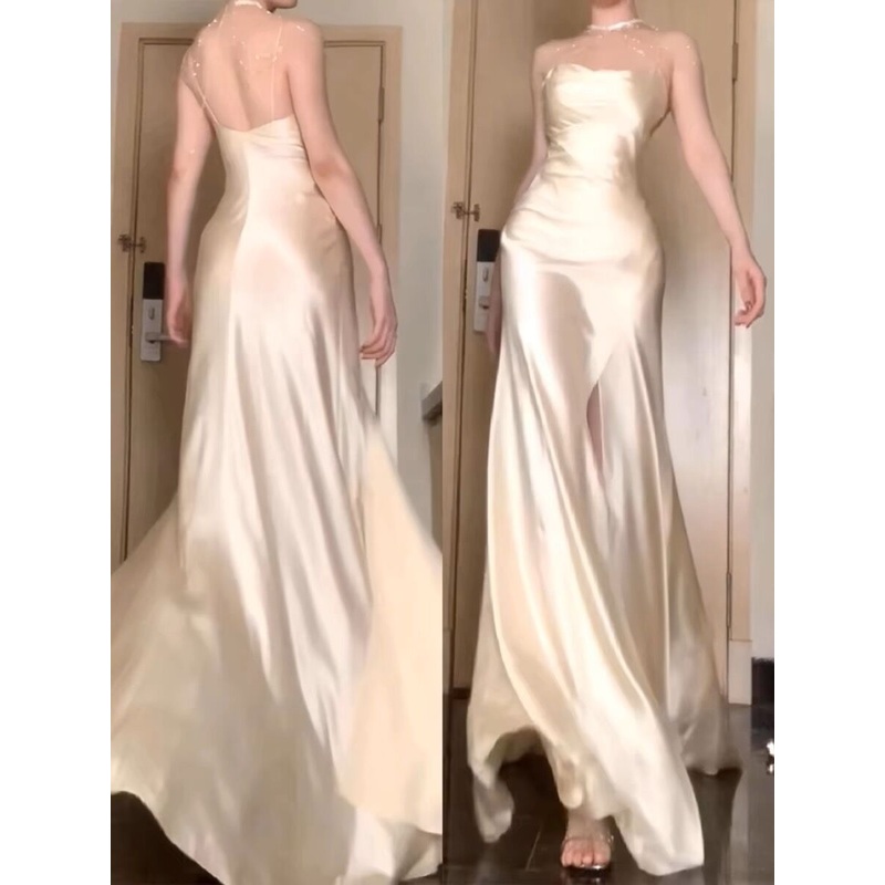 A Line beige Satin Long Prom Dress With Slit J2954