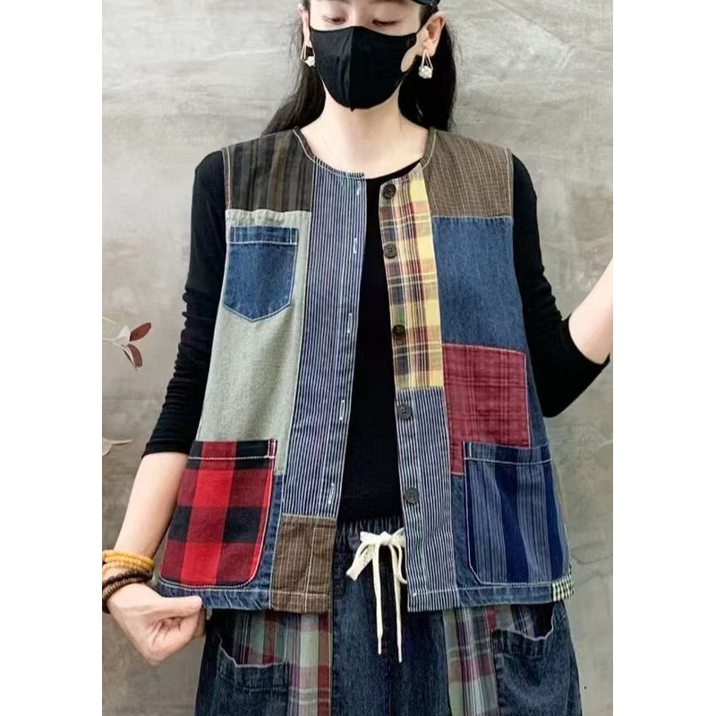 Art Colorblock Asymmetrical Patchwork Cotton Vests Summer