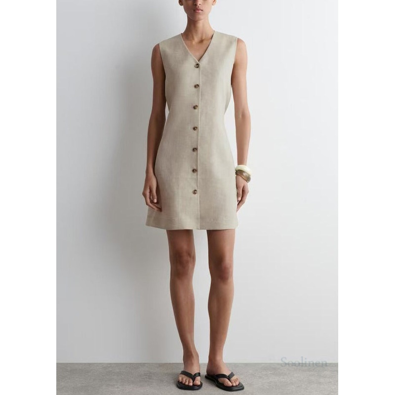 Art V Neck Linen A Line Tea Dress Sleeveless