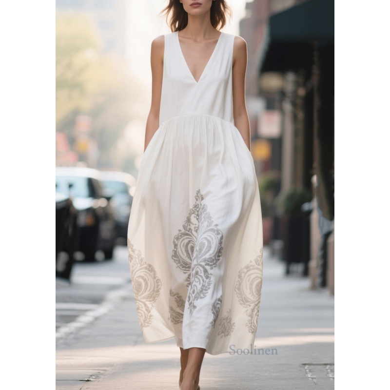 Art White V Neck Print Chiffon Vacation Dresses Summer