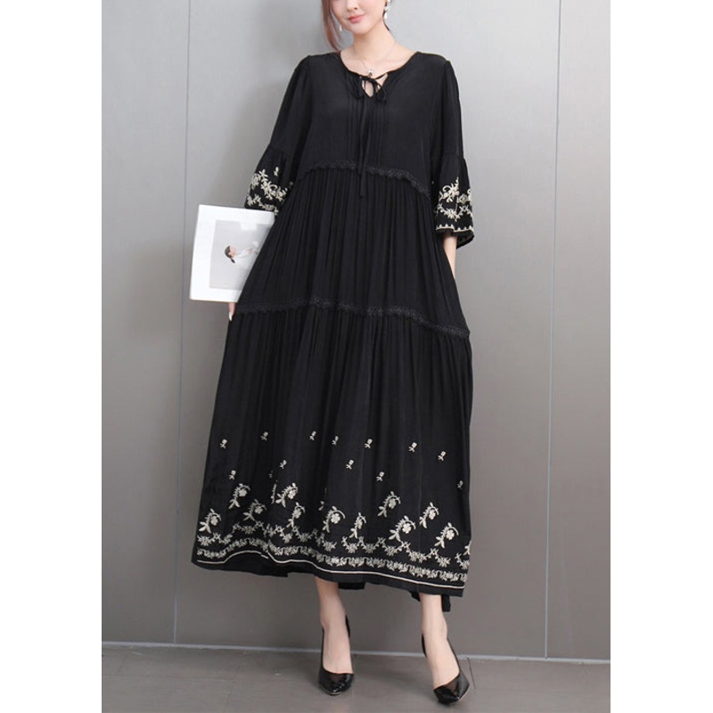 Black Lace Up Ruffled Cotton Long Dresses Embroidered Flare Sleeve