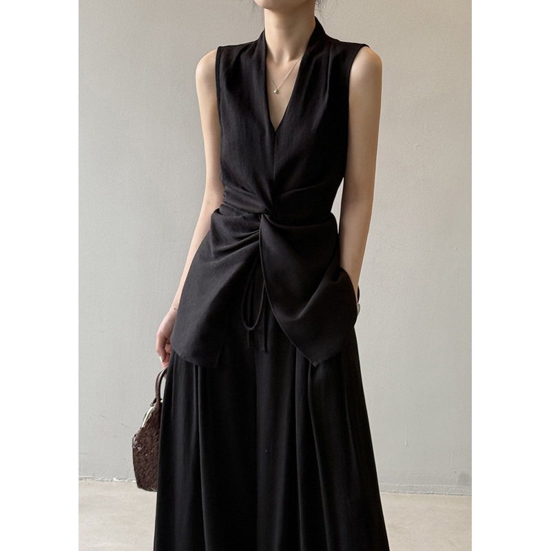 Black Silm Linen Two-Piece Set Asymmetrical Wrinkled Sleeveless