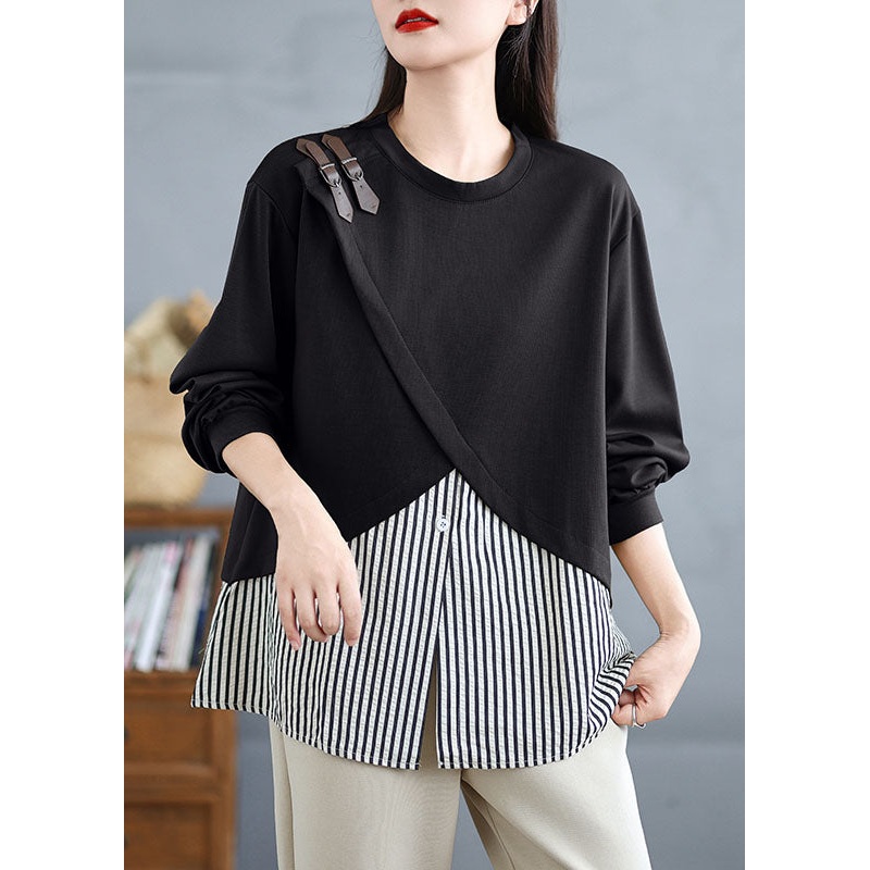 Black Striped Patchwork False Two Pieces Cotton Top O Neck Spring