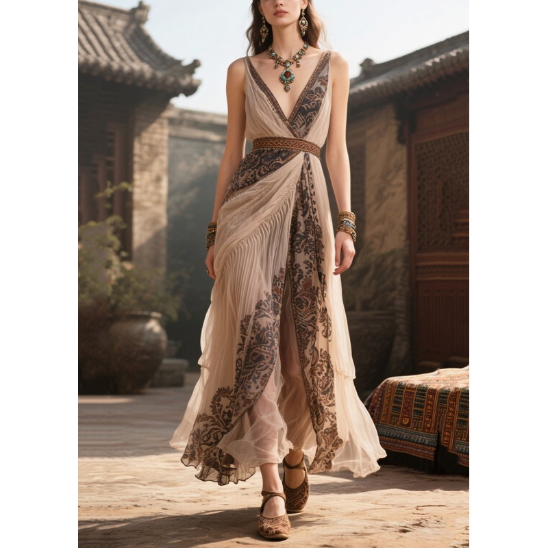 Bohemian Apricot V Neck Print Chiffon Cami Dress Summer