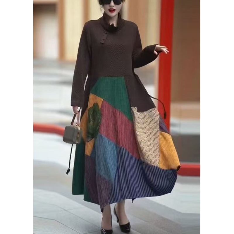 Bohemian Coffee Turtleneck Tie Waist Patchwork Long Dress Winter