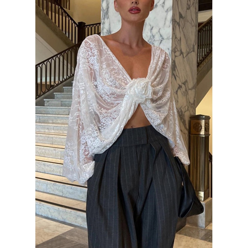 Bohemian White V Neck Floral Lace Top Spring