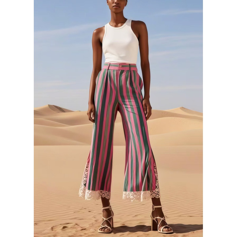 Boho Colorblock Striped Patchwork Lace Bell-bottom Trousers Summer