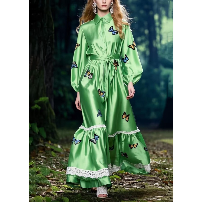 Boho Polychrome Butterfly Patchwork Lace Silk Tunic Dress Spring