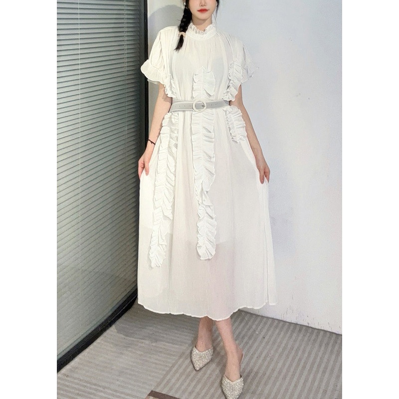 Boho White Turtleneck Ruffled Patchwork Long Dresses Short Sleeve