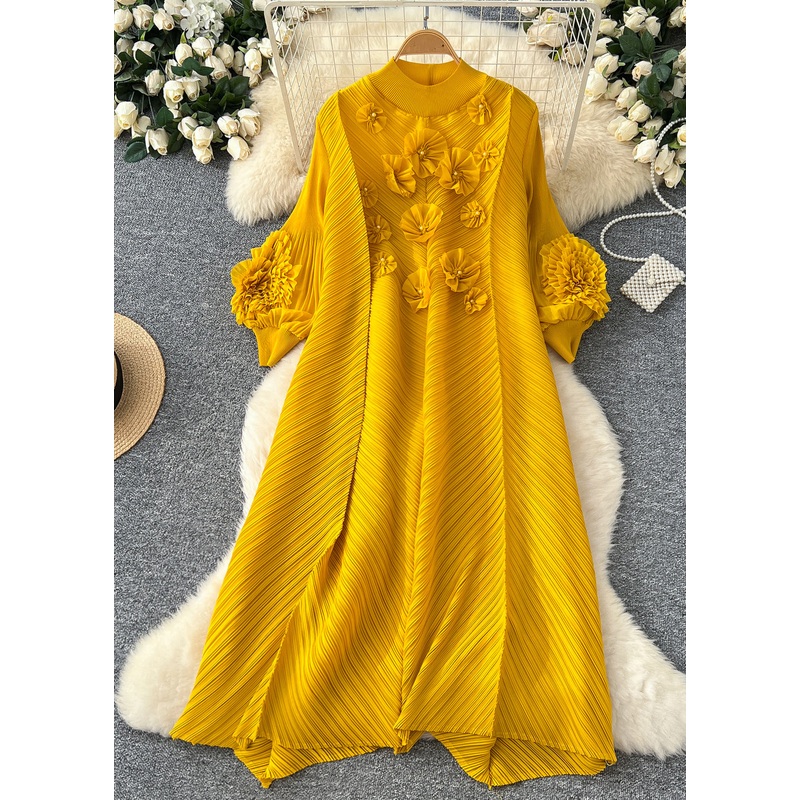 Boutique Yellow Oversized Three-dimensional Floral Long Dress Lantern Sleeve