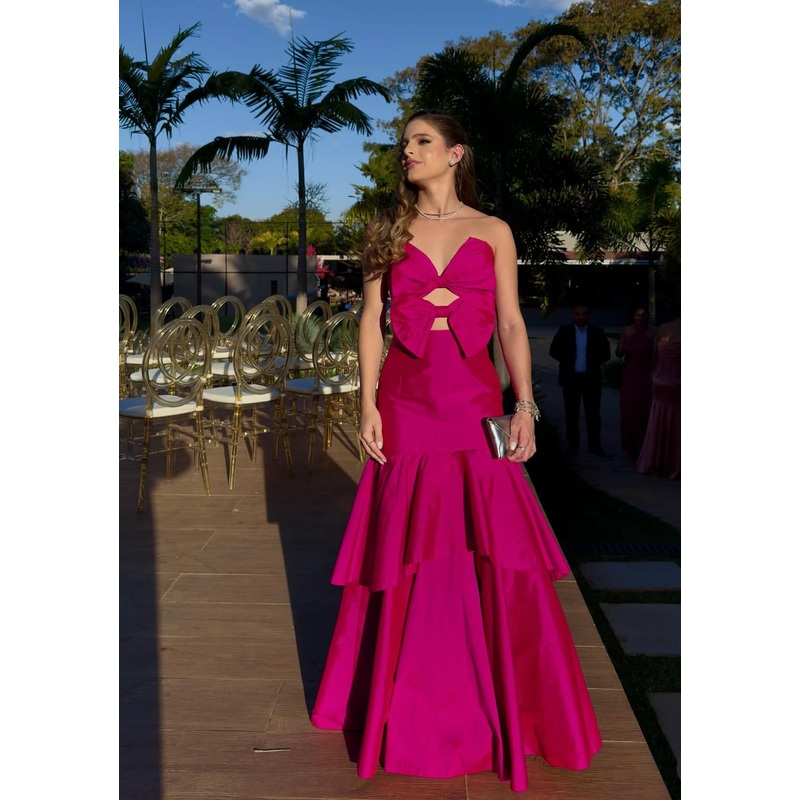 Bow-Knot A Line Fuchsia Wedding Guest Dress Satin Prom Dress J7784