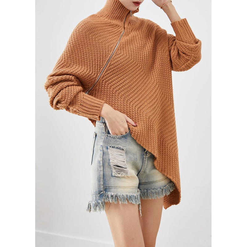 Casual Brown Asymmetrical Zippered Knit Pullover Winter