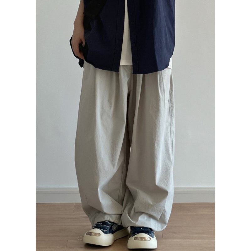 Casual Light Grey Pockets Drawstring Cotton Men Wide Leg Pants Summer