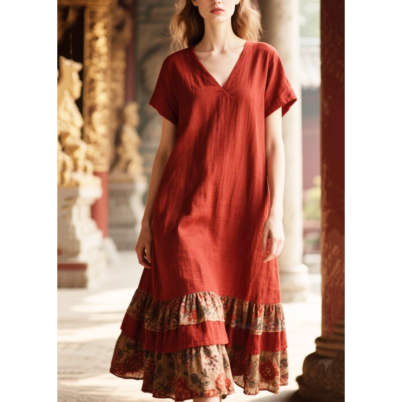 Casual Red Oversized Patchwork Cotton Dress Summer