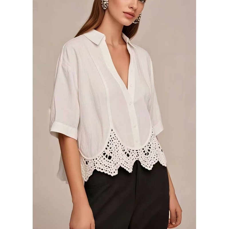 Casual White V Neck Patchwork Lace Short Shirt Summer