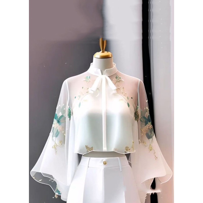 Chinese Style White Stand Collar Embroidered Chiffon Flare Sleeve Spring