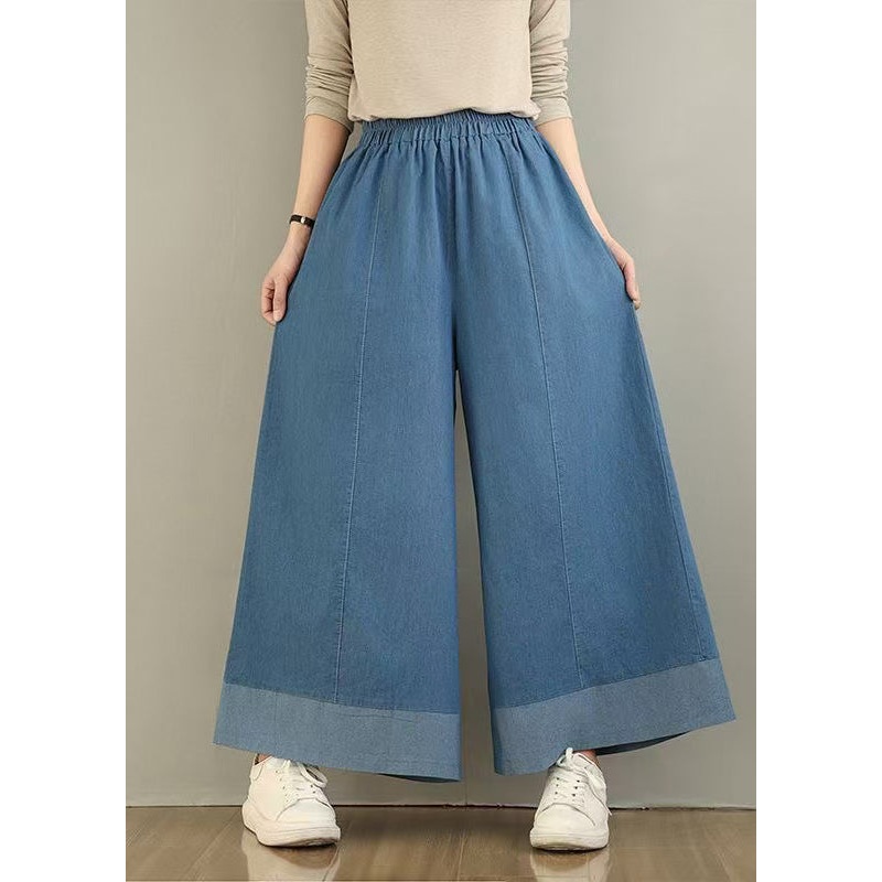 Classy Blue Elastic Waist Denim Wide Leg Pants Summer