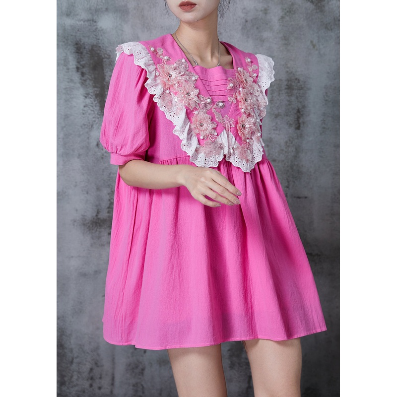 Classy Pink Floral Cotton Mini Dress Summer