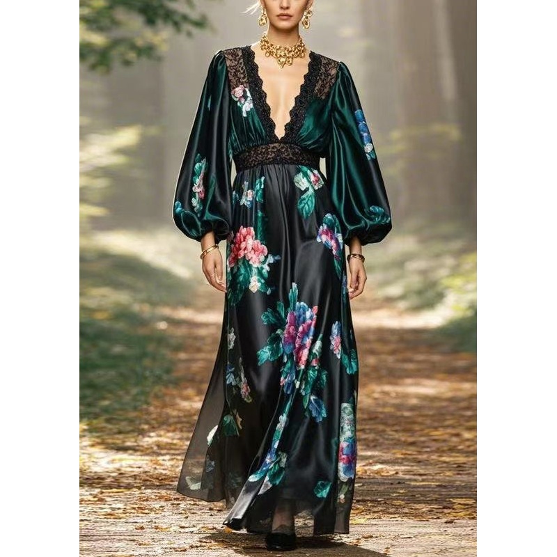 Classy V Neck Lace Print Lace Silk Long Dress Spring