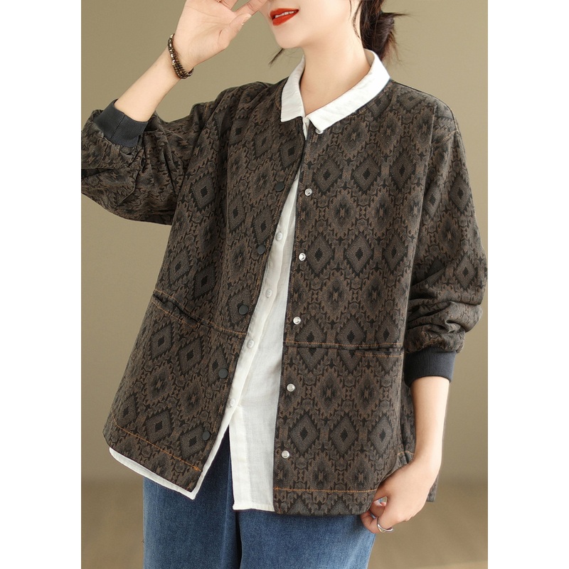 Coffee Pockets Print Denim Jackets O Neck Spring