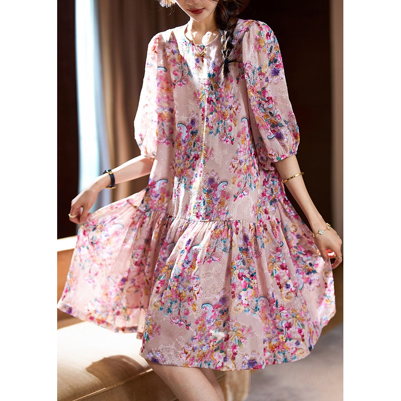 Cute Pink O-Neck Print Patchwork Mid Dresses Summer