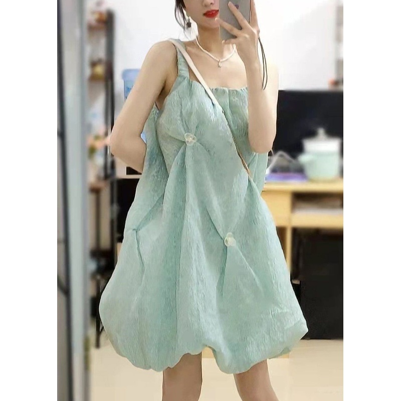 Elegant Green Square Collar Original Design Cotton Spaghetti Strap Dress Sleeveless