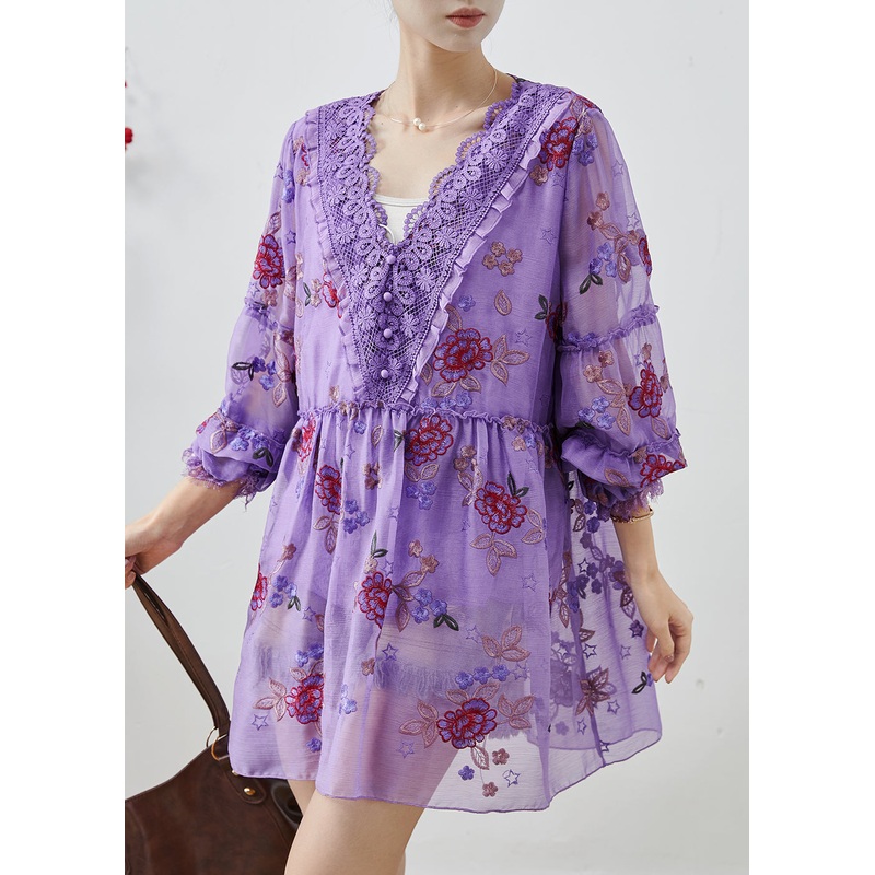 Elegant Purple Embroidered Patchwork Chiffon Vacation Dress Fall