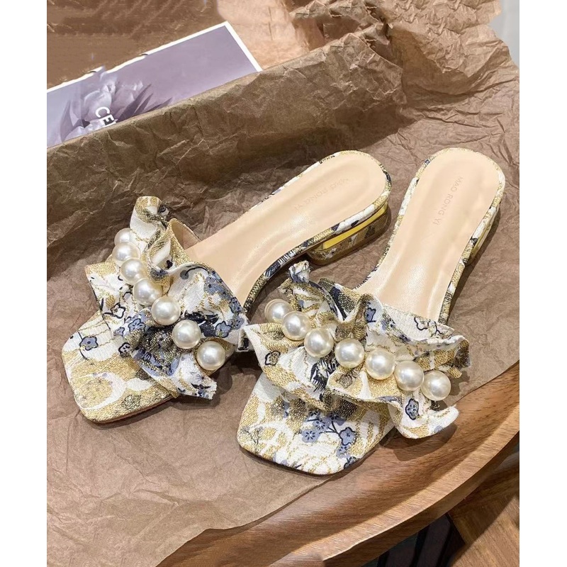 Fashion Ruffled Pearl Chunky Slide Sandals Peep Toe