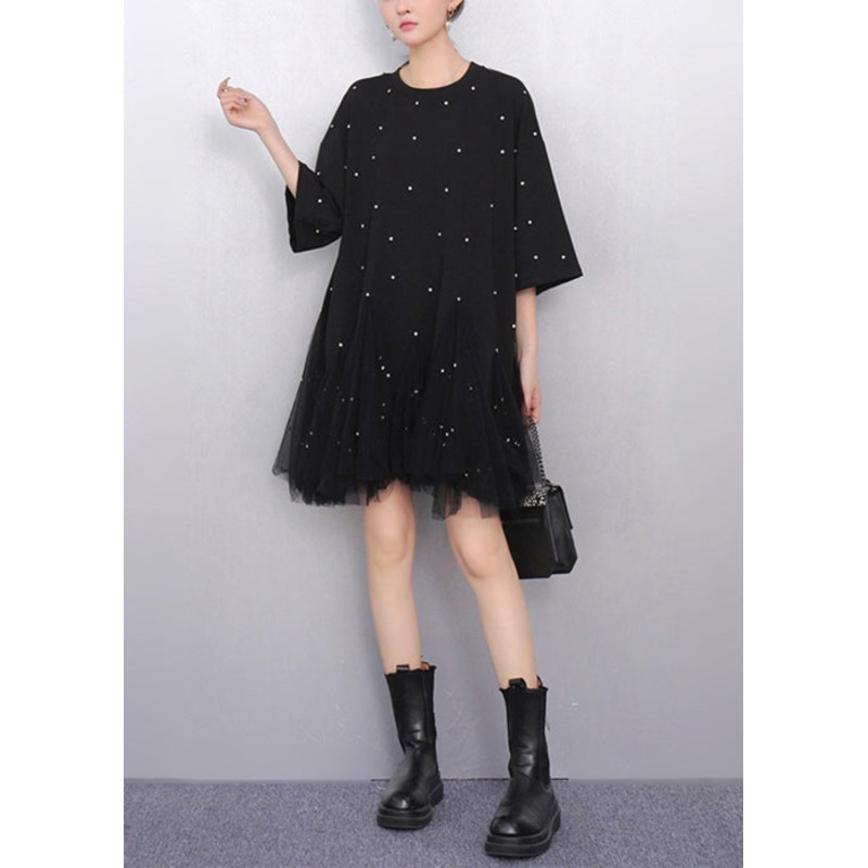 Fine Black Zircon Tulle Patchwork T Shirts Dress Half Sleeve